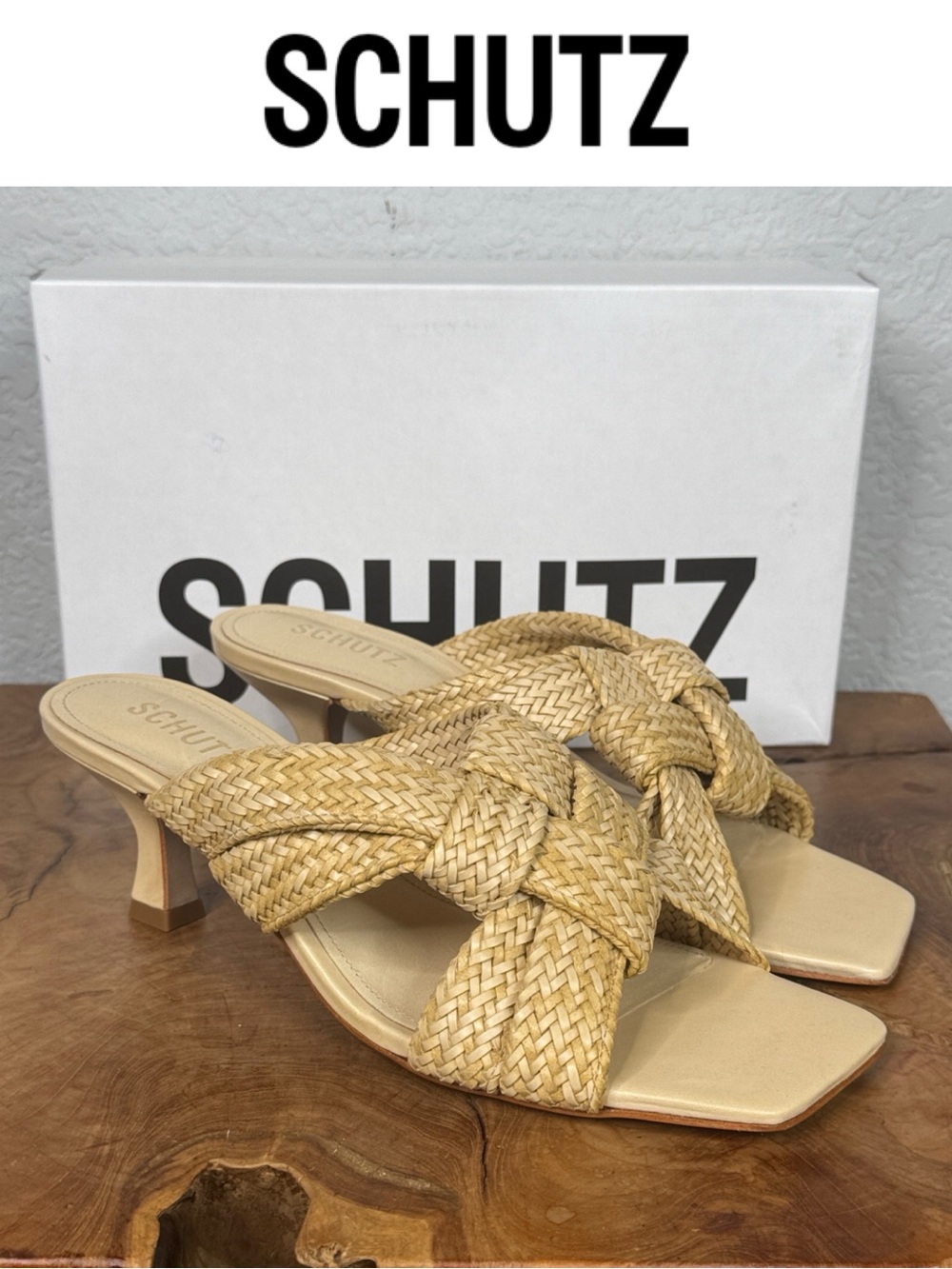 SCHUTZ KALI WOVEN KNOT HEEL SANDALS NIB NEUTRAL SQUARE TOE MULE HEELS SIZE 9